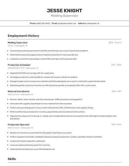 Molding Supervisor Resume