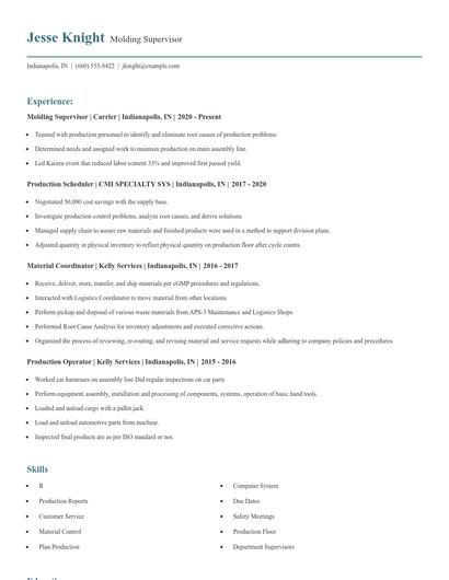 Molding Supervisor Resume