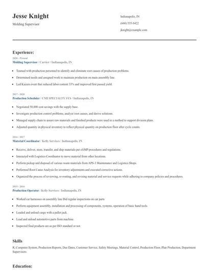 Molding Supervisor Resume