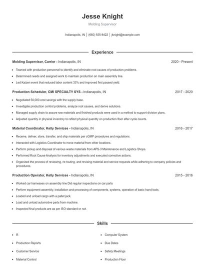 Molding Supervisor Resume