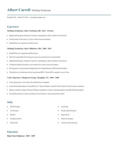 Molding Technician Resume