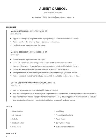 Molding Technician Resume