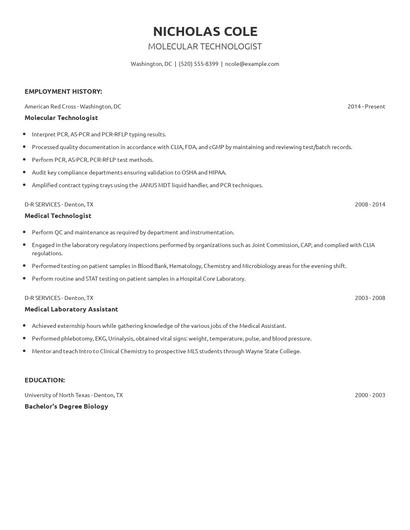 Molecular Technologist Resume