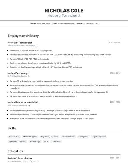 Molecular Technologist Resume