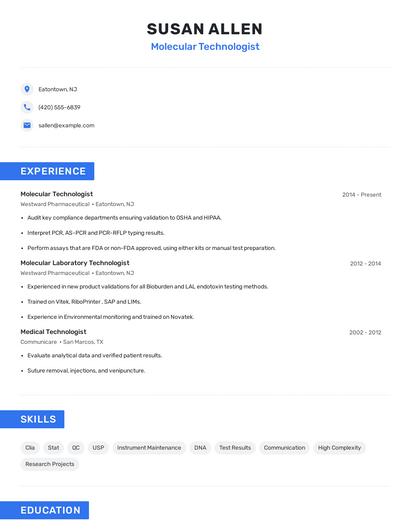 Molecular Technologist Resume