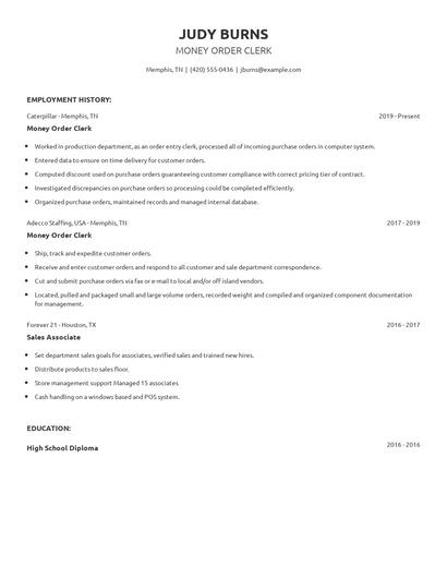 Money Order Clerk Resume