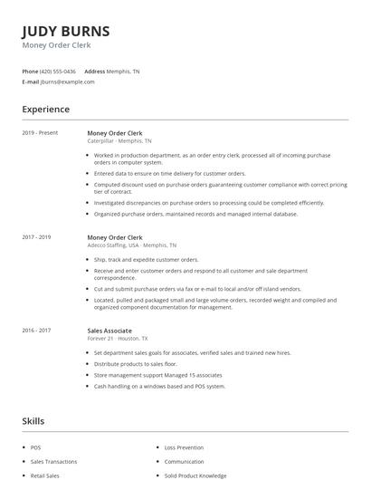 Money Order Clerk Resume