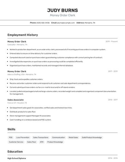 Money Order Clerk Resume