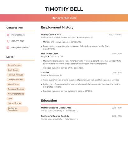 Money Order Clerk Resume