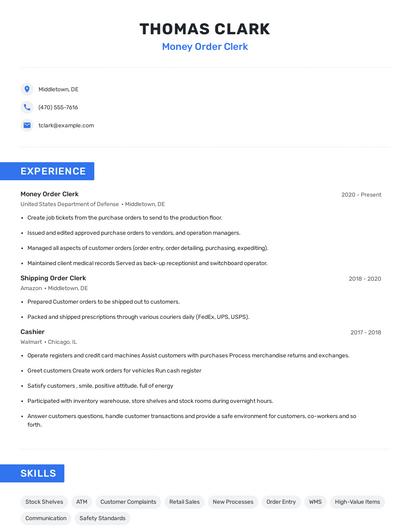 Money Order Clerk Resume