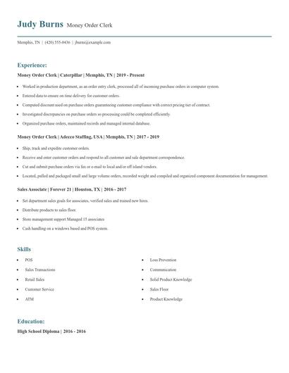 Money Order Clerk Resume