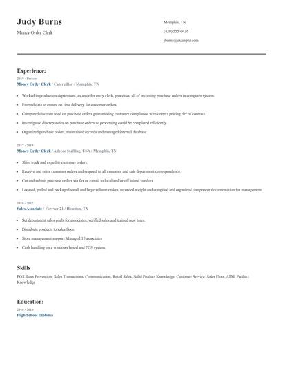 Money Order Clerk Resume