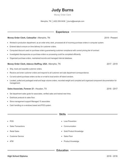 Money Order Clerk Resume