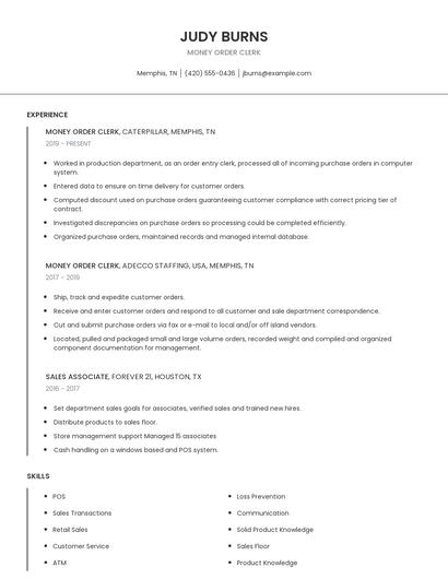 Money Order Clerk Resume