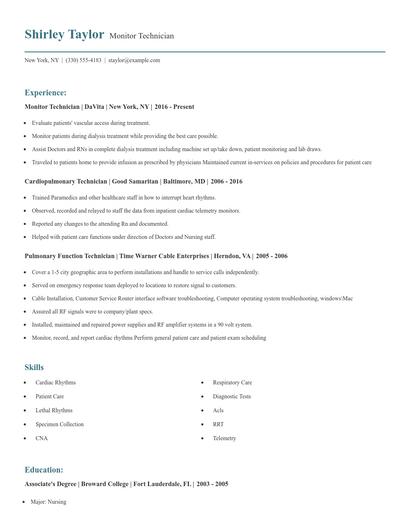 Monitor Technician Resume