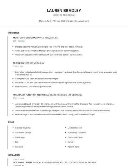 Monitor Technician Resume
