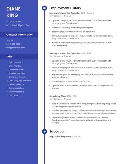 Monogram Machine Operator Resume
