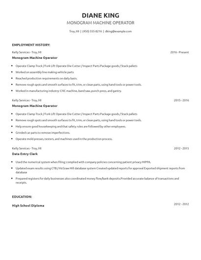 Monogram Machine Operator Resume