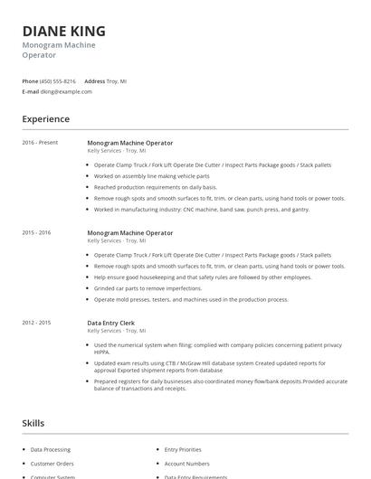 Monogram Machine Operator Resume