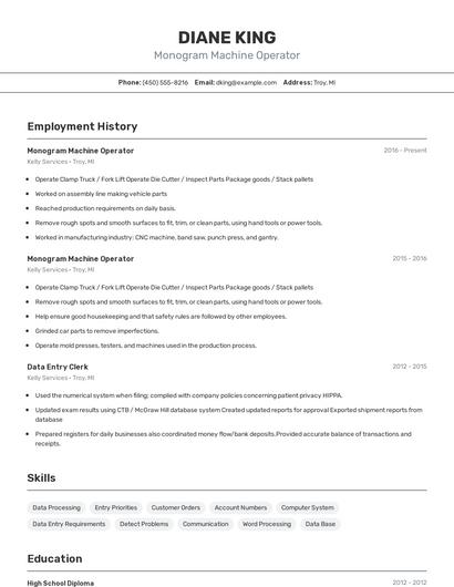 Monogram Machine Operator Resume