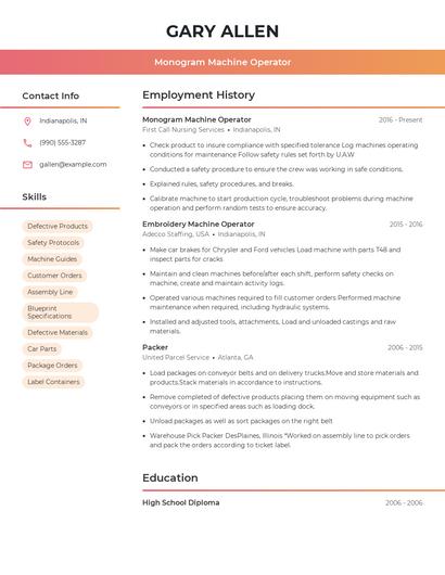 Monogram Machine Operator Resume