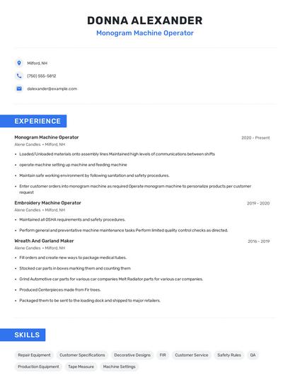 Monogram Machine Operator Resume