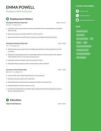 Monogram Machine Operator Resume