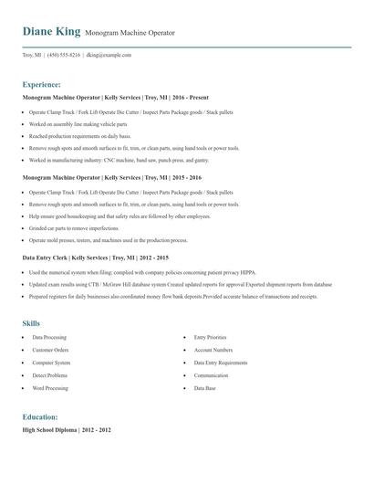 Monogram Machine Operator Resume