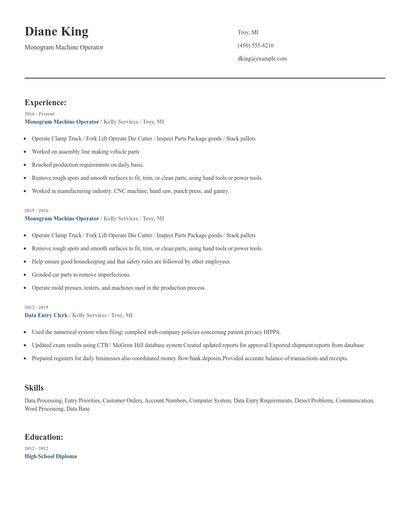 Monogram Machine Operator Resume