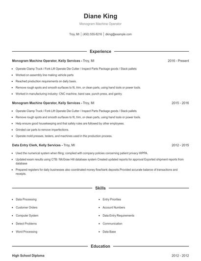 Monogram Machine Operator Resume