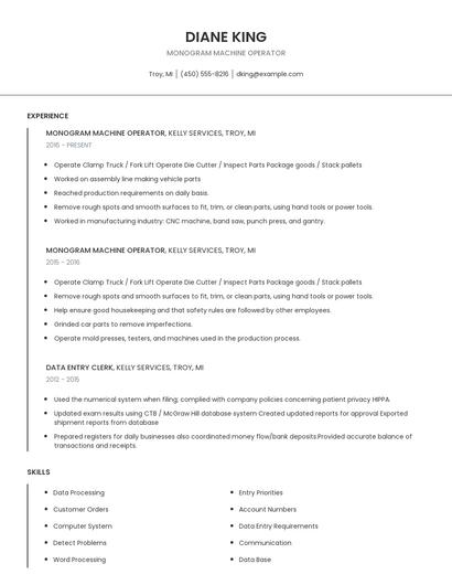 Monogram Machine Operator Resume