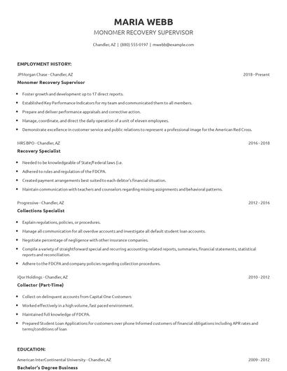 Monomer Recovery Supervisor Resume