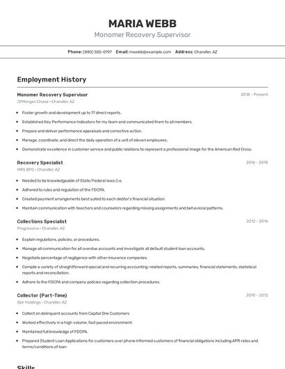 Monomer Recovery Supervisor Resume