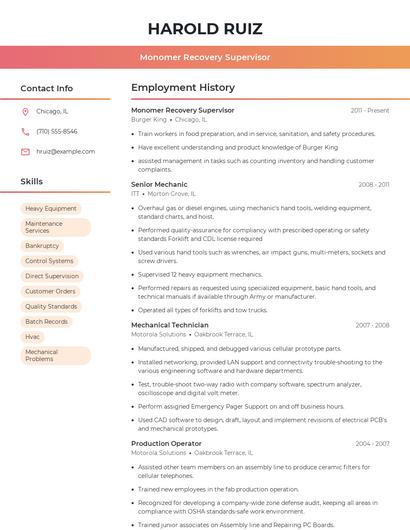 Monomer Recovery Supervisor Resume