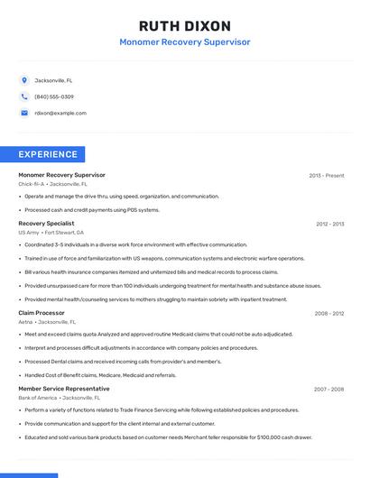 Monomer Recovery Supervisor Resume