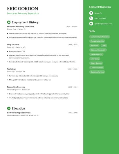 Monomer Recovery Supervisor Resume