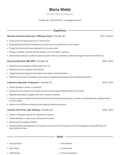 Monomer Recovery Supervisor Resume
