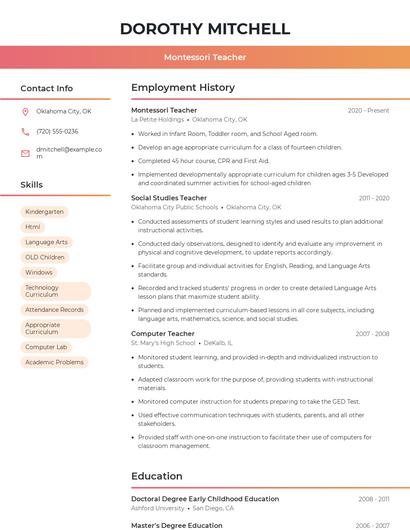 Montessori Teacher Resume