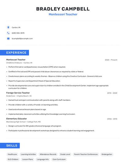 Montessori Teacher Resume