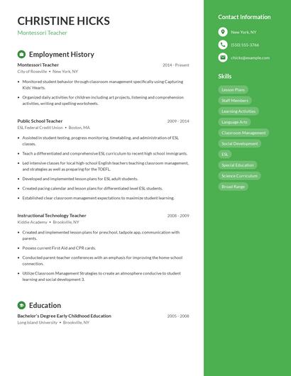 Montessori Teacher Resume