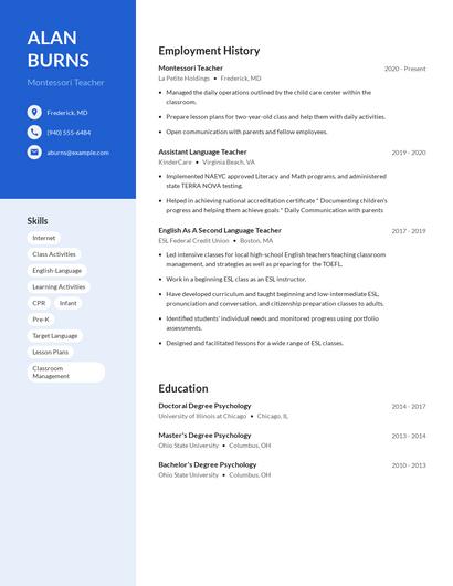 Montessori Teacher Resume