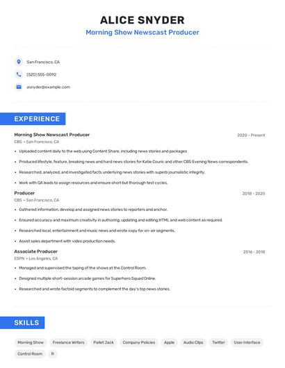 Morning Show Newscast Producer Resume