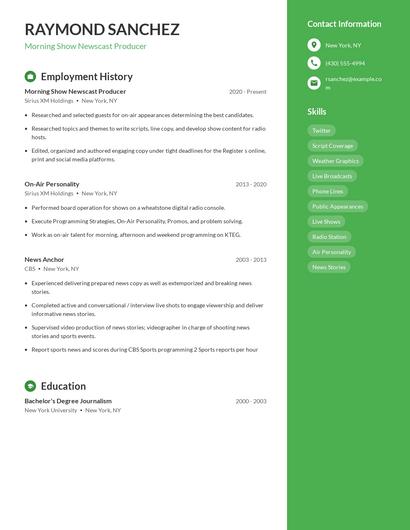 Morning Show Newscast Producer Resume