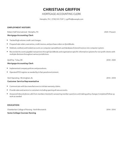 Mortgage Accounting Clerk Resume