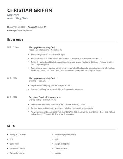 Mortgage Accounting Clerk Resume