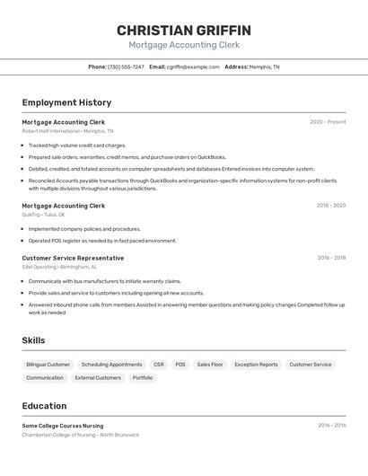 Mortgage Accounting Clerk Resume