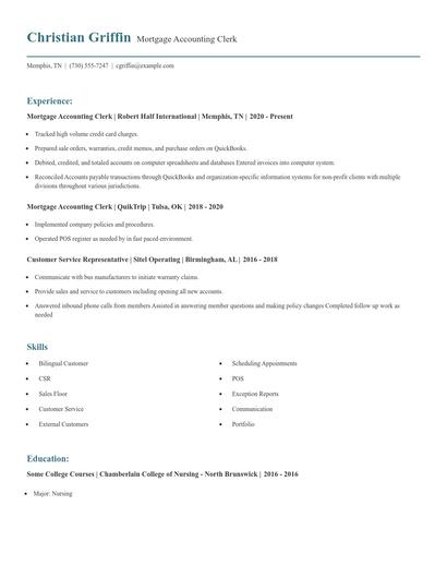 Mortgage Accounting Clerk Resume