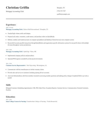 Mortgage Accounting Clerk Resume