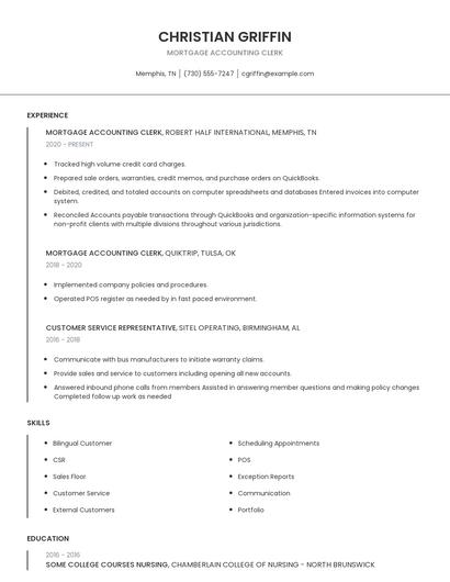 Mortgage Accounting Clerk Resume