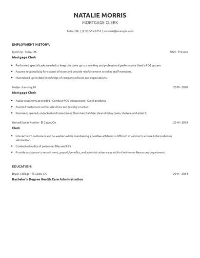 Mortgage Clerk Resume